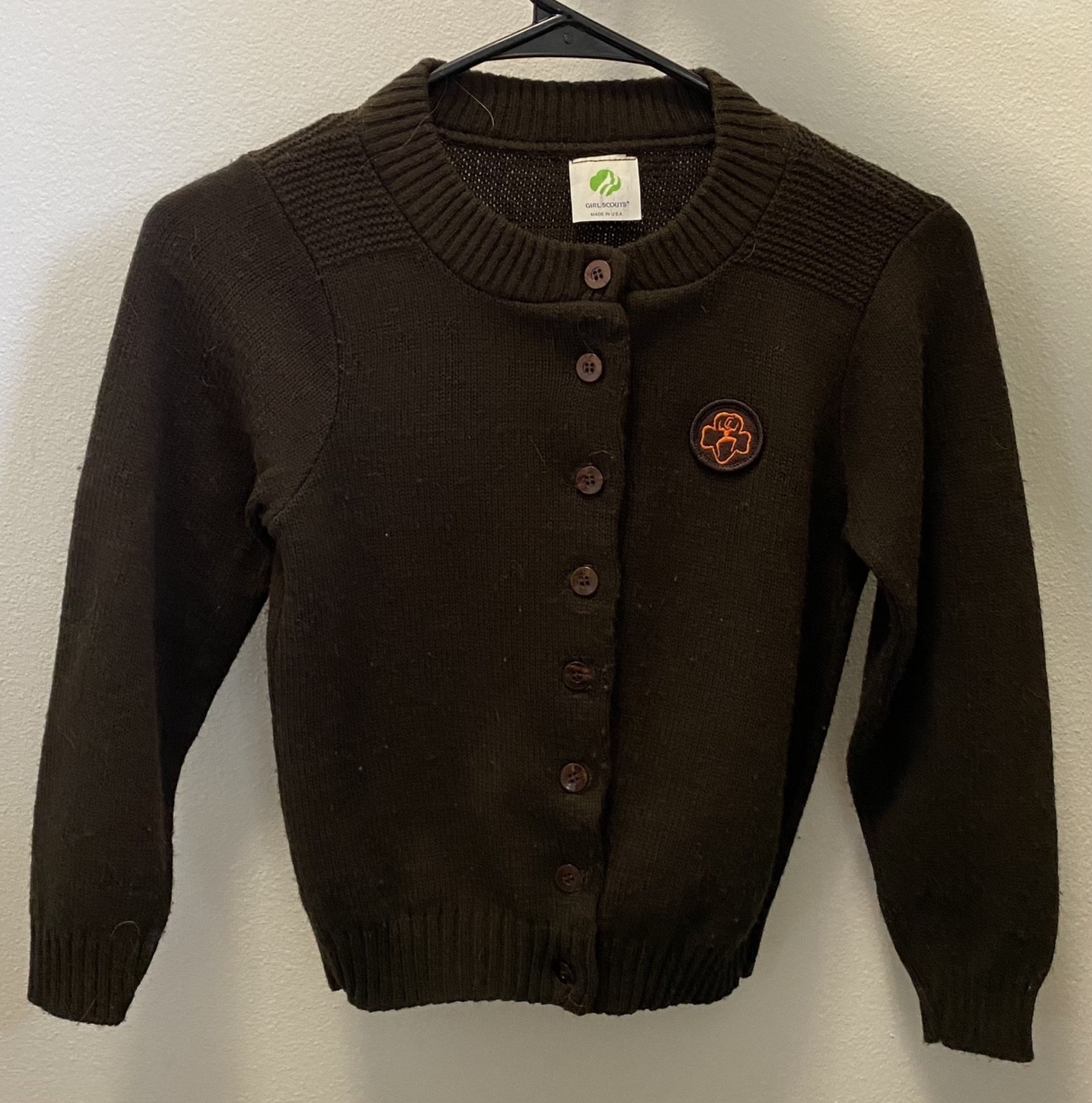 Vintage Brownie Girl Scout items: jumper, cardigan sweater & locket on chain