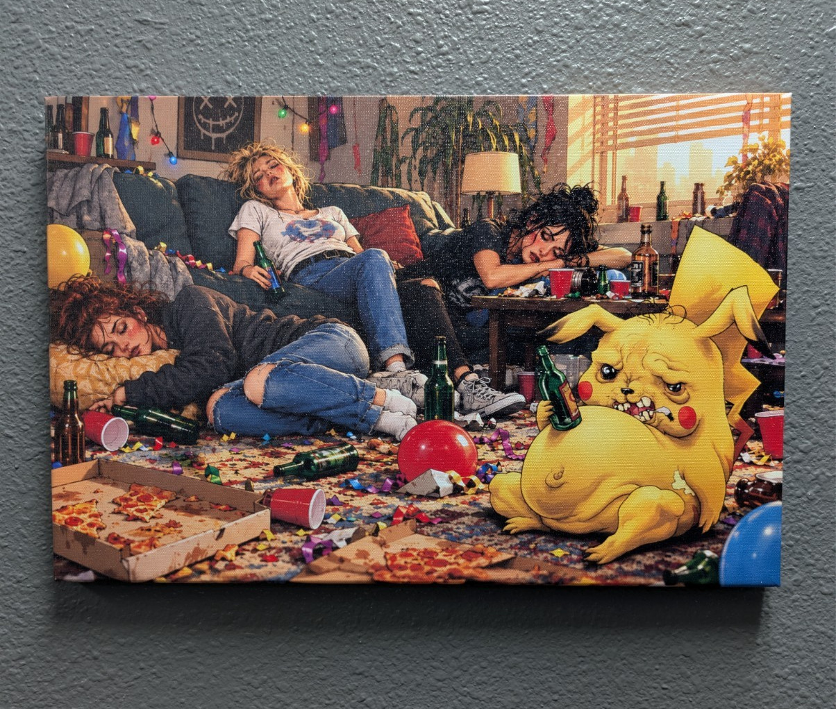 Pikachu party night adult themed. One of a kind print.