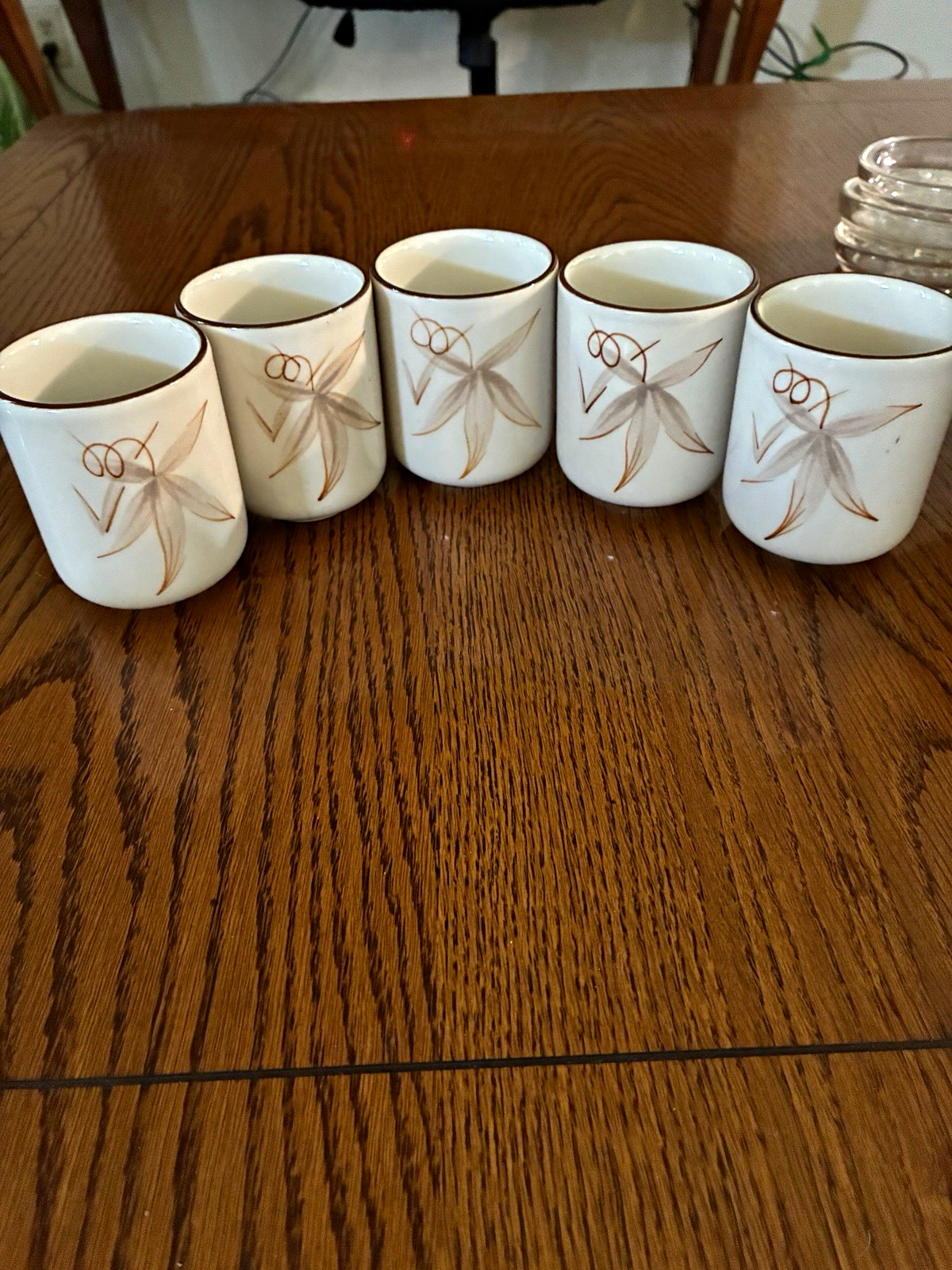 Set of 5 White Brown Gray Ceramic Floral Cups, Flowers Pattern Design