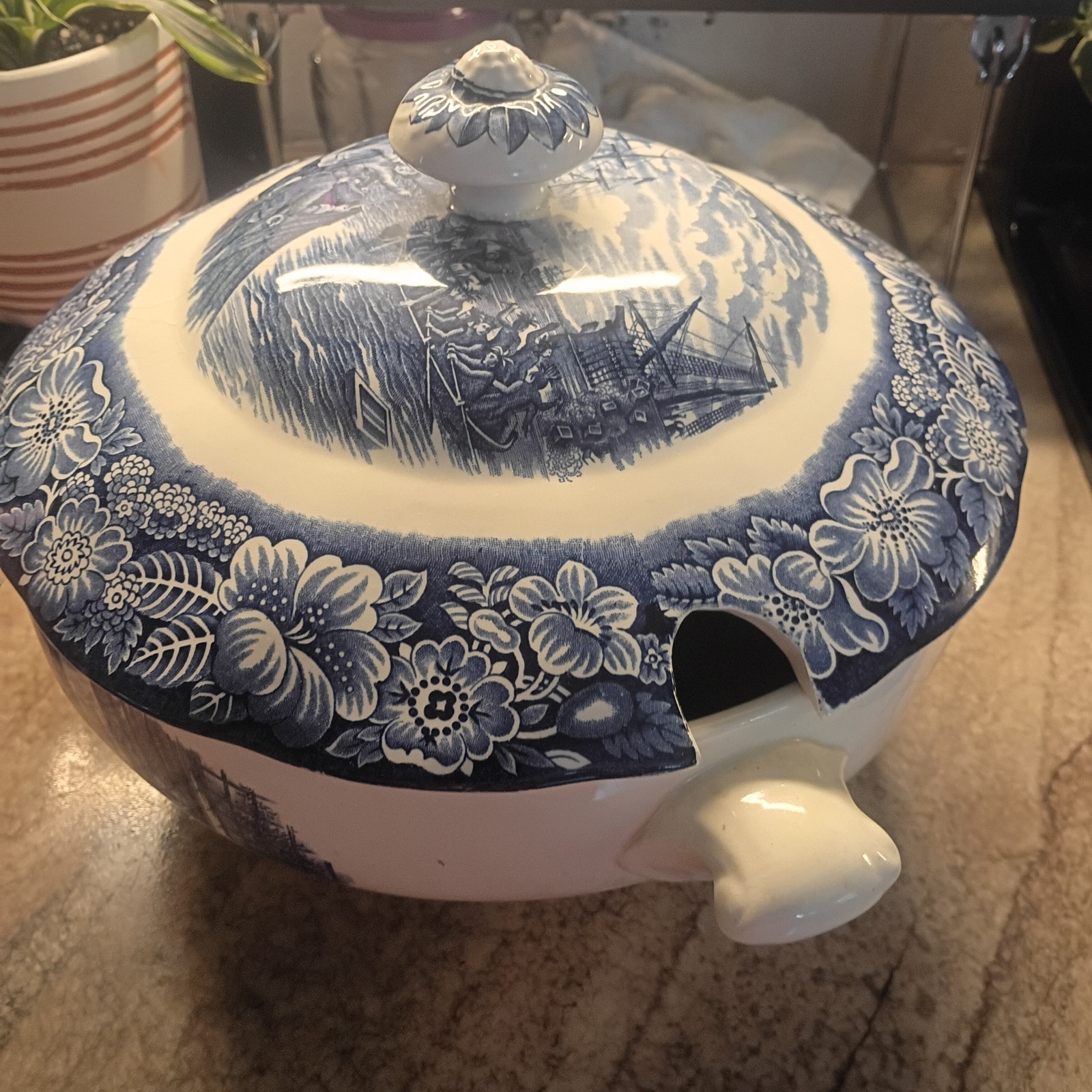 Staffordshire Liberty Blue Boston Tea Party Ironstone Tureen w/ Lid