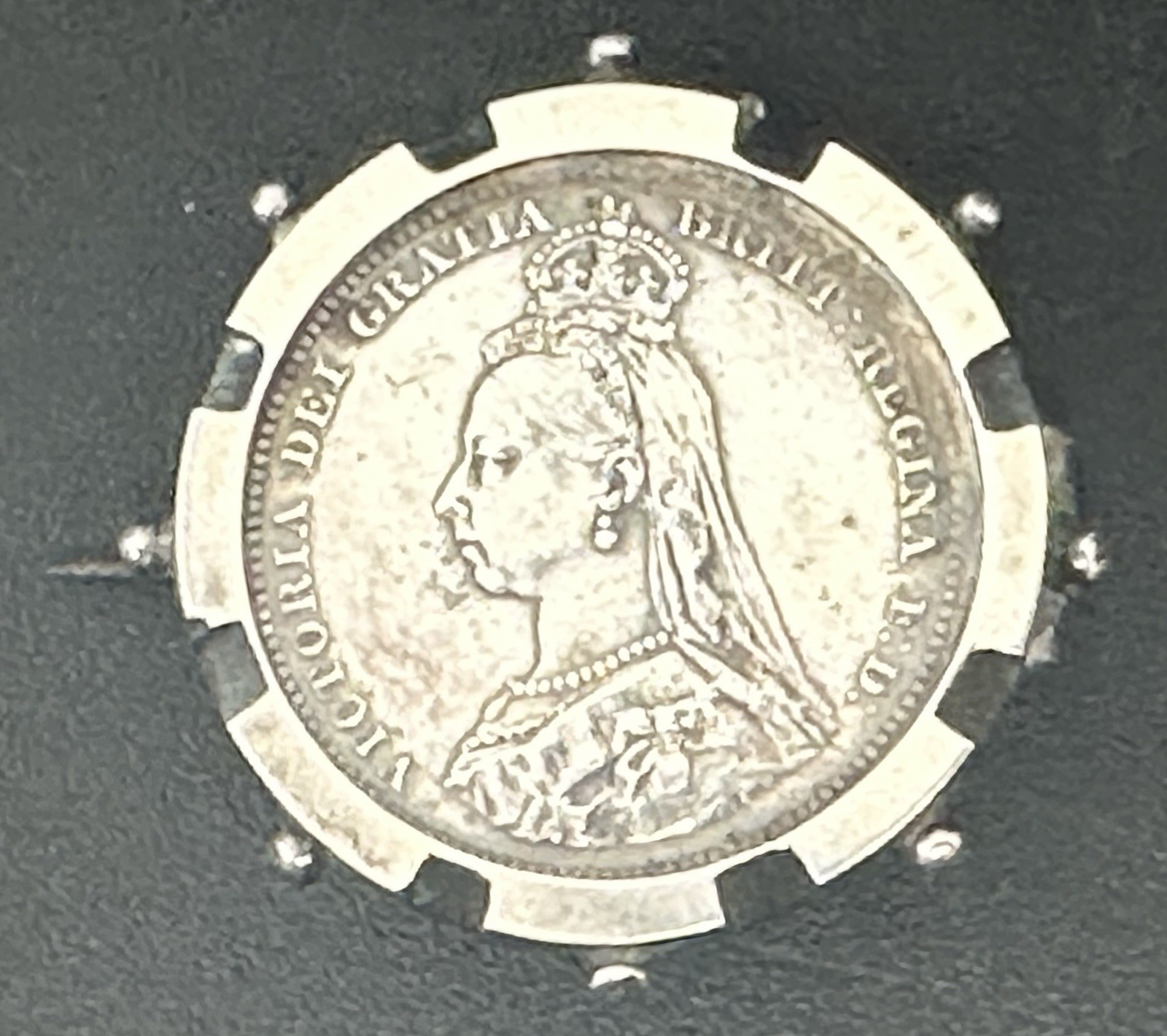 Antique 1887 Queen Victoria Coin Brooch Pendant Sterling Silver Sixpence