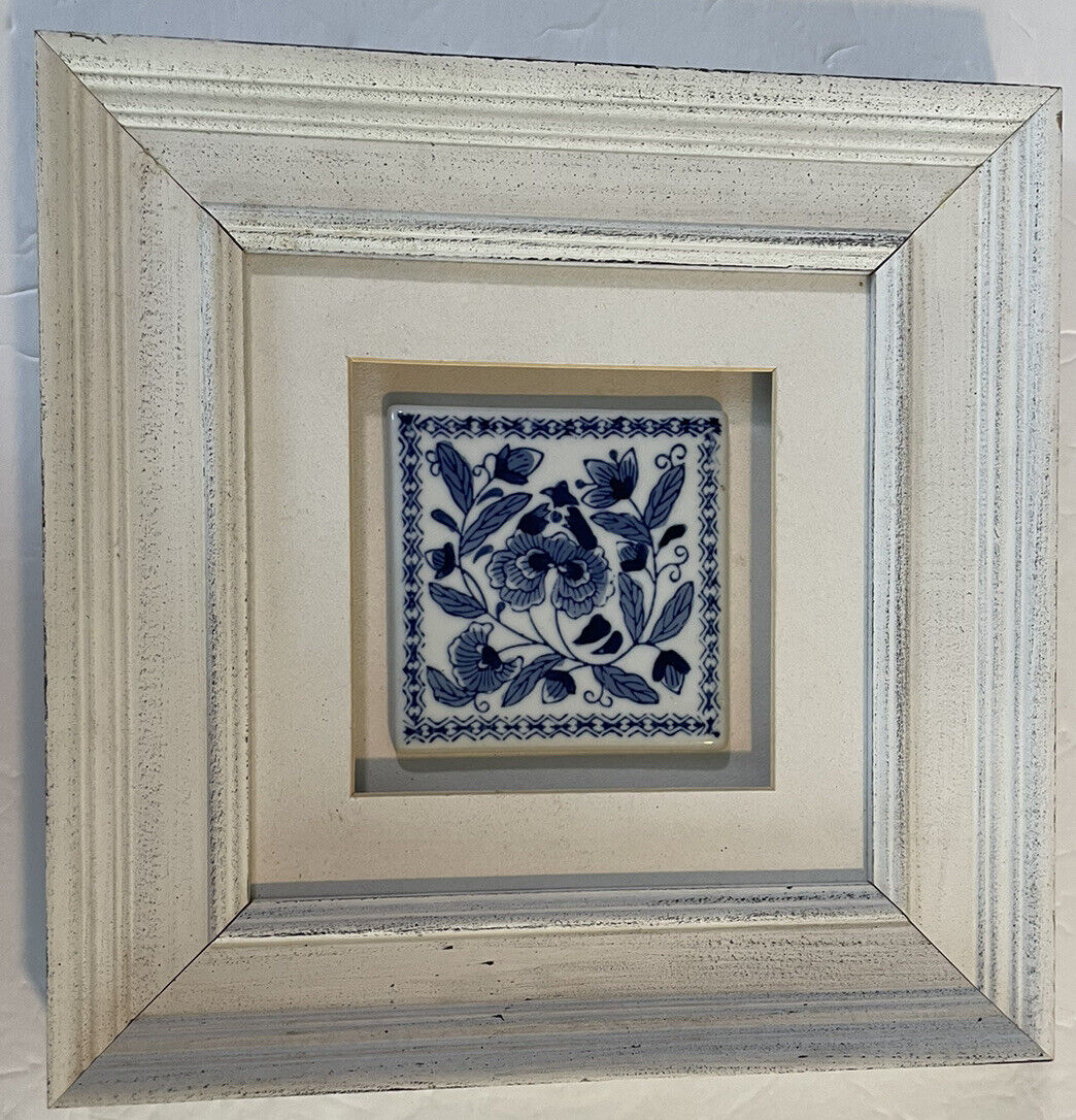Vintage DELFT Tile Blue & White Flowers Framed Target 2000 #1 In Series