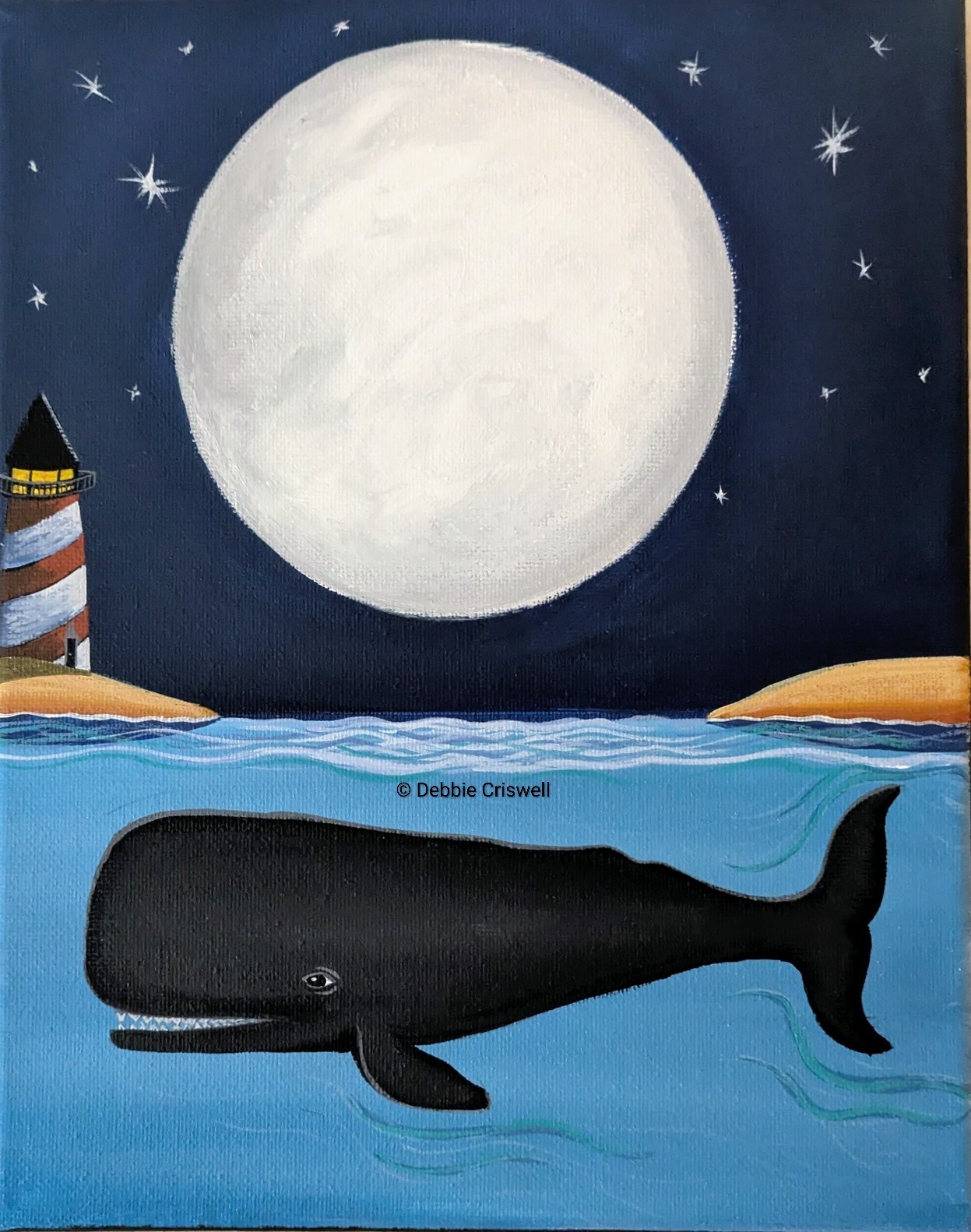 ORIGINAL PAINTING Folk Art Whimsical Whale Nantucket Moon Lighthouse Cape Cod