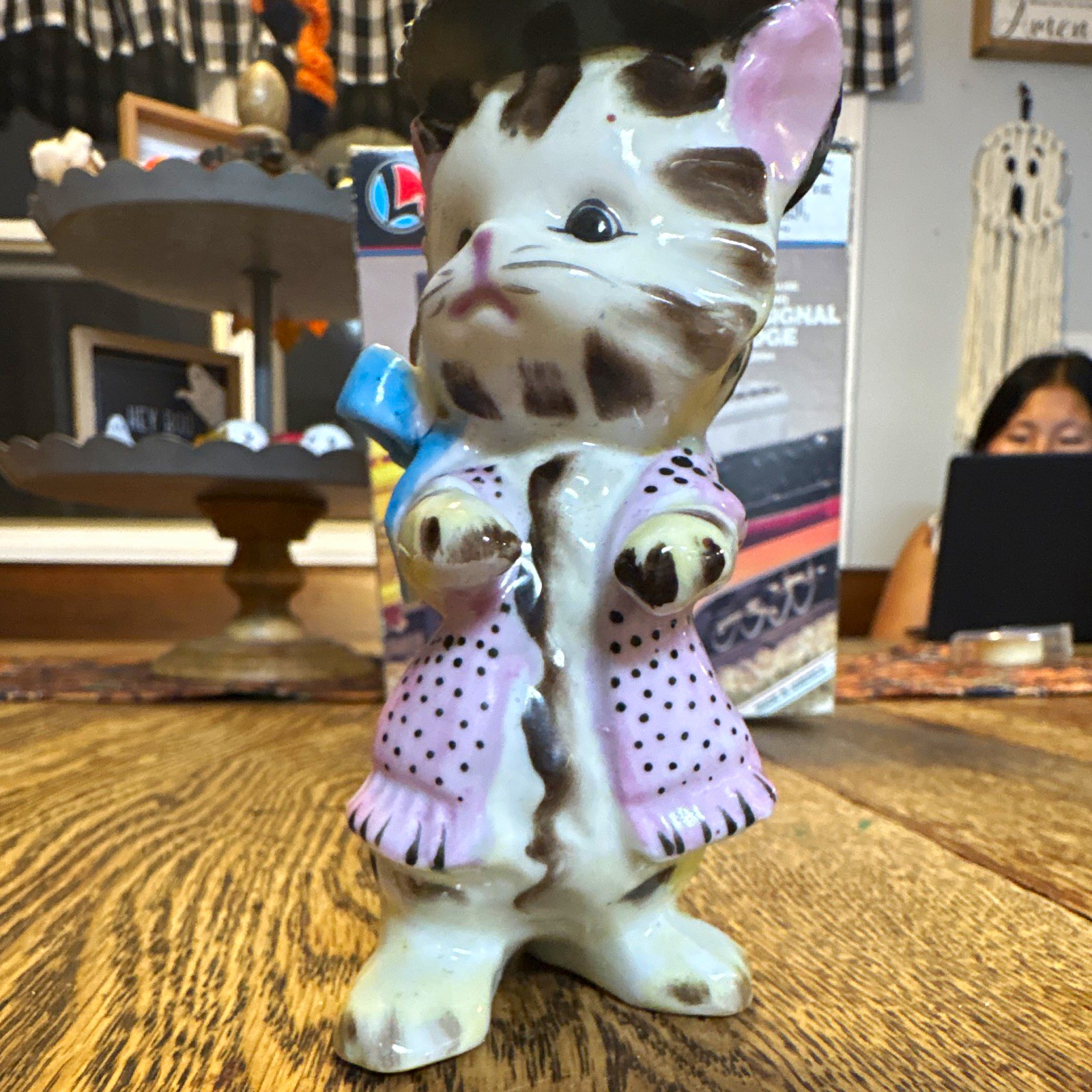 Porcelain Cat Figurine with pink flower on hat, Pink Polka Dot Robe, Blue Bow Porcelain Cat Figurine with pink flower on hat, Pink Polka Dot Robe, Blue Bow
