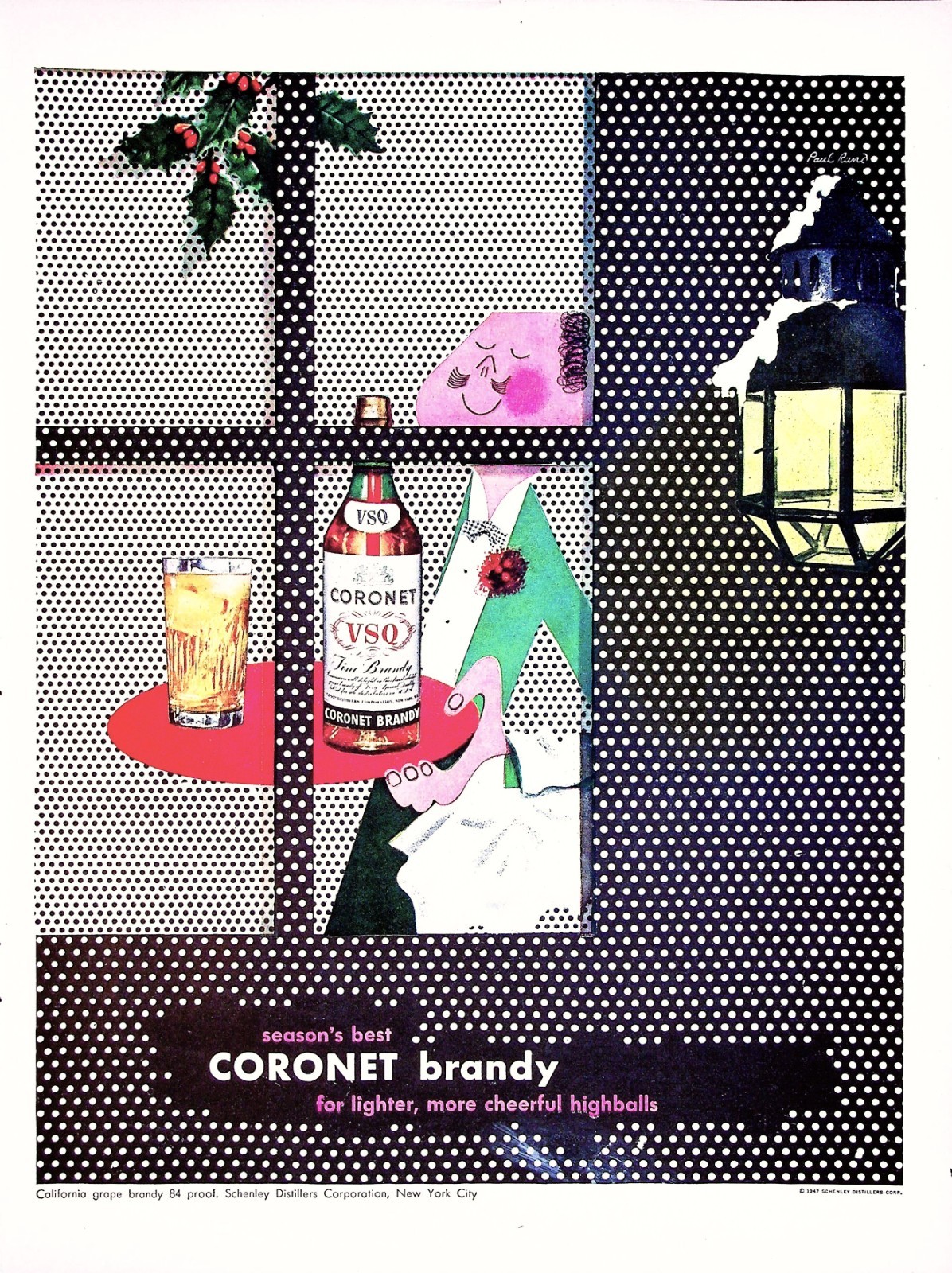 Paul Rand Mid Century Modern Coronet Brandy Christmas Highball 1947 Mag Print Ad