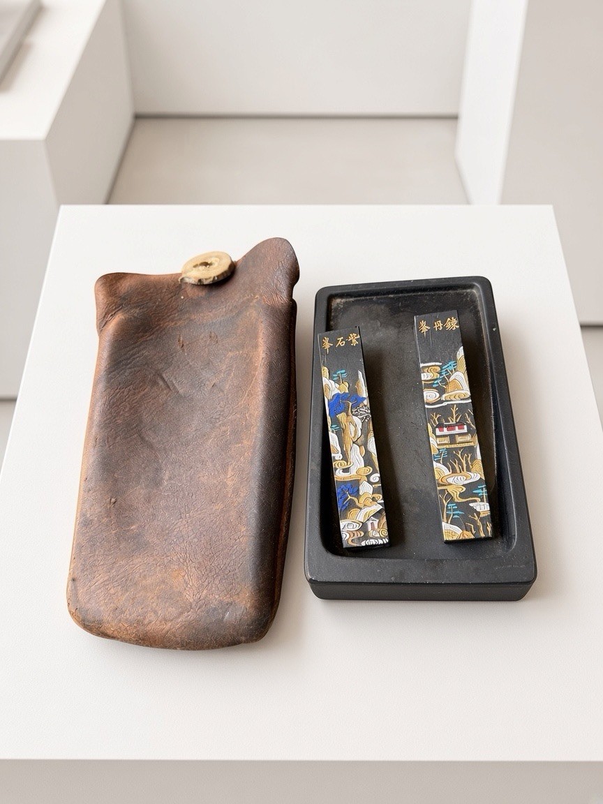 Chinese Calligraphy Inkstone & Shexian Factory Ink Stick Set w/ Leather Pouch
