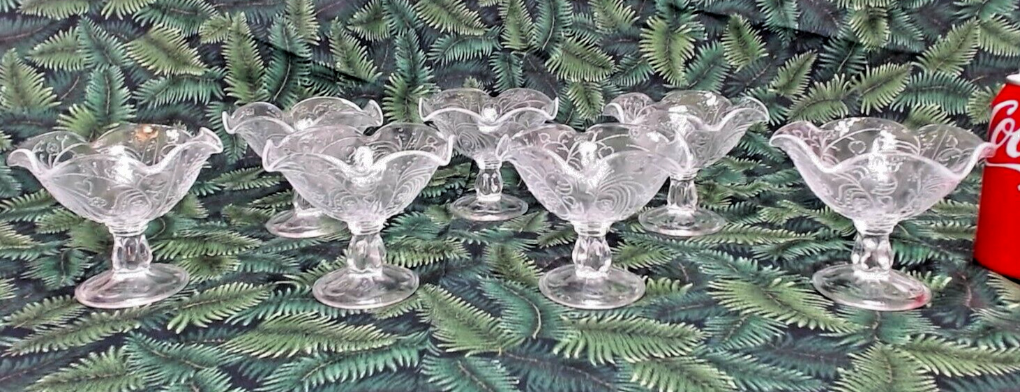 PRESSED DEPRESSION GLASS RUFFLED TOP FOOTED SHERBERT BOWLS 7 PC SET, POLAND ,