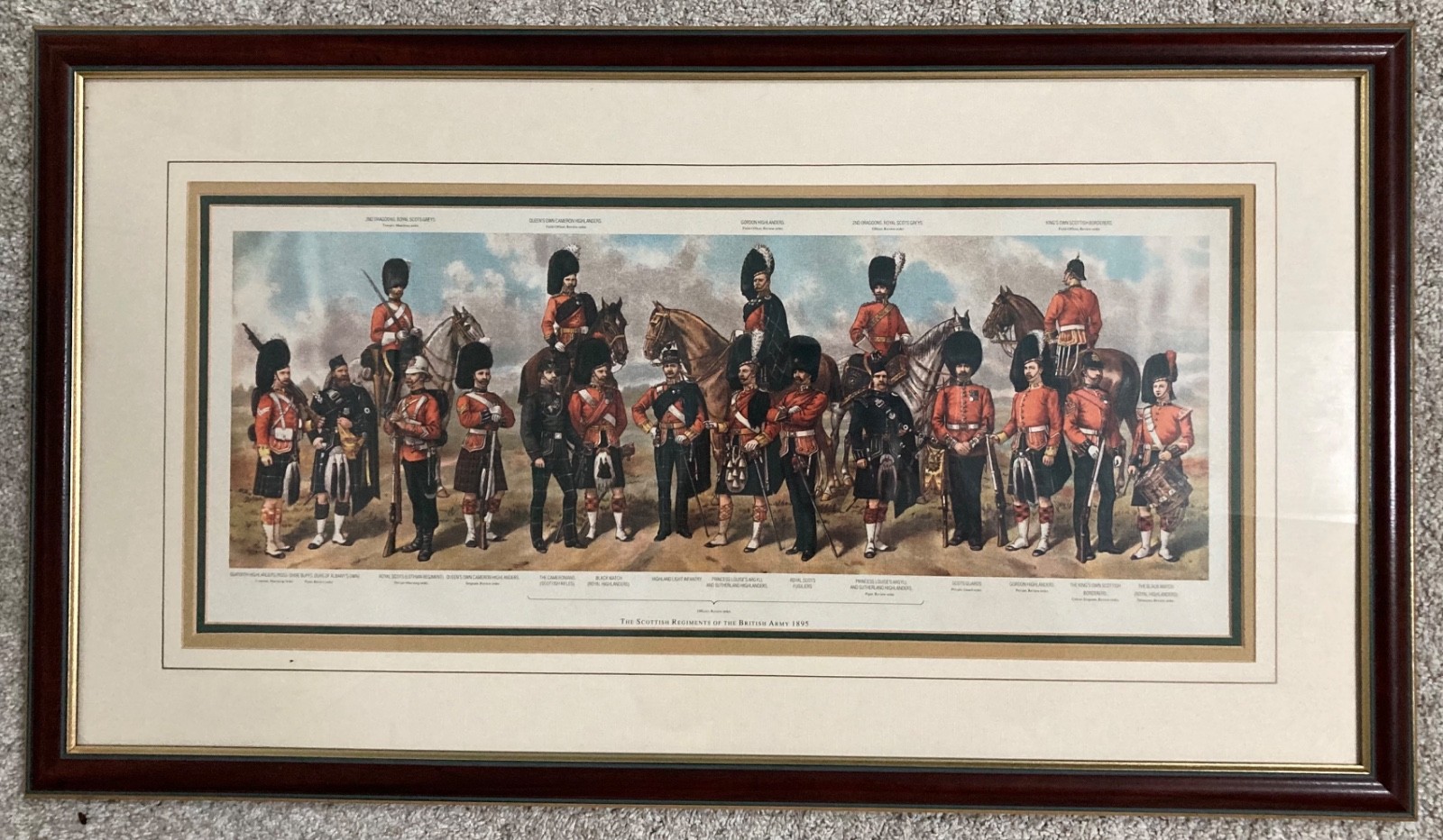 VTG SCOTTISH REGIMENTS BRITISH ARMY 1895 R. SIMKIN FRAMED 17”X31” LITHOGRAPH
