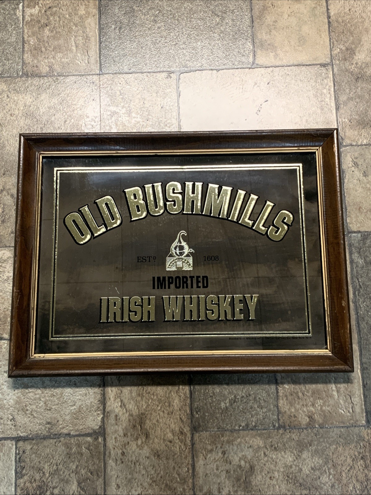 Vintage Old Bushmills Irish Whiskey Mirror w/ Wooden Framed 15\