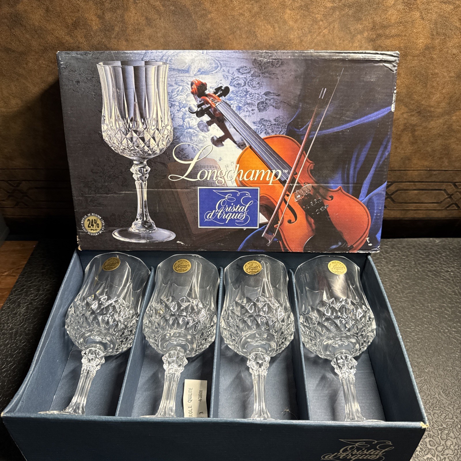 VTG French Cristal D\'Arques LONGCHAMP Set/4 Crystal Wine Glasses w/box 5.75 oz