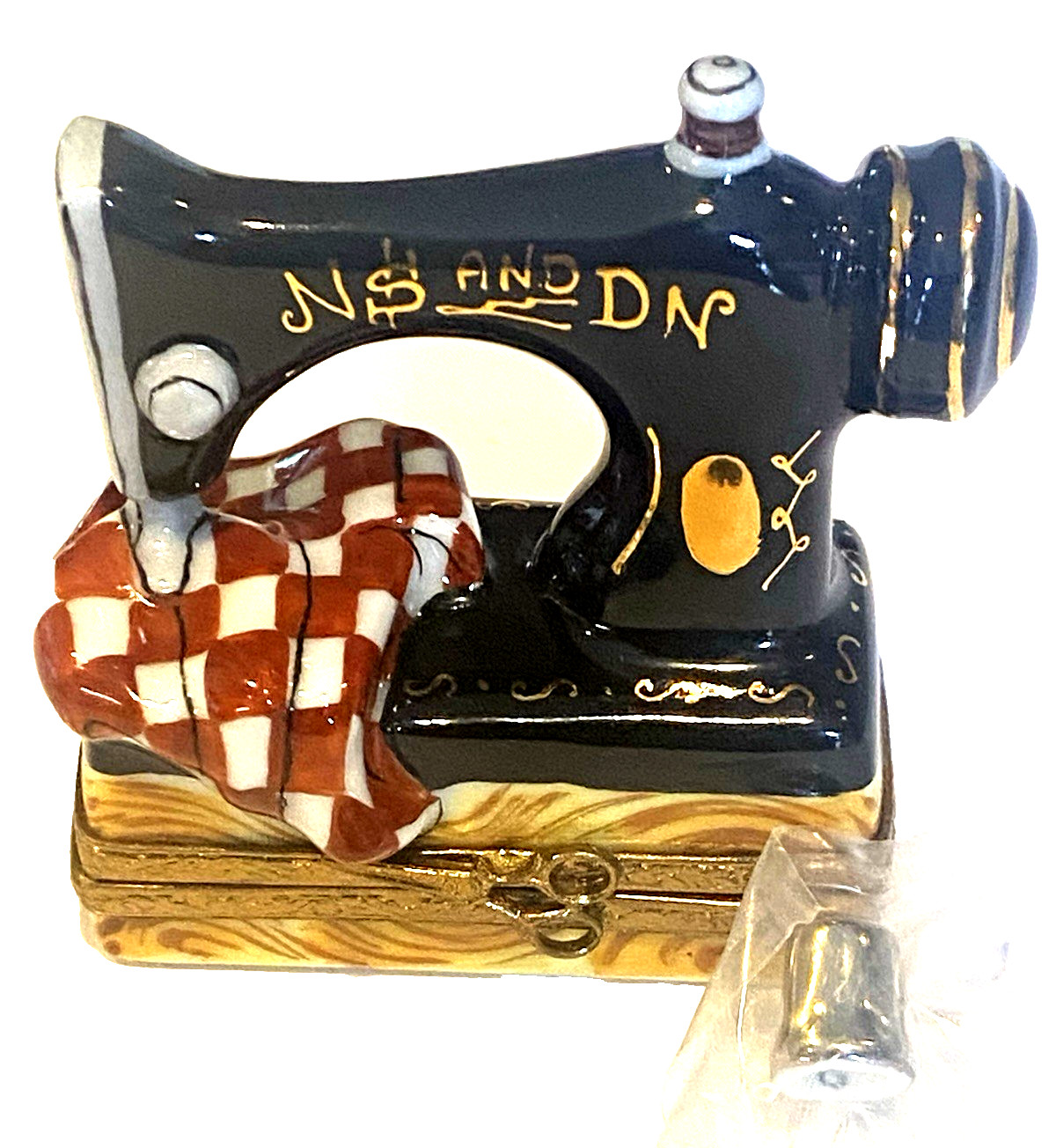 LIMOGES France Peint Main Box SEWING MACHINE w/Scissors Clasp & Thimble TRINKET