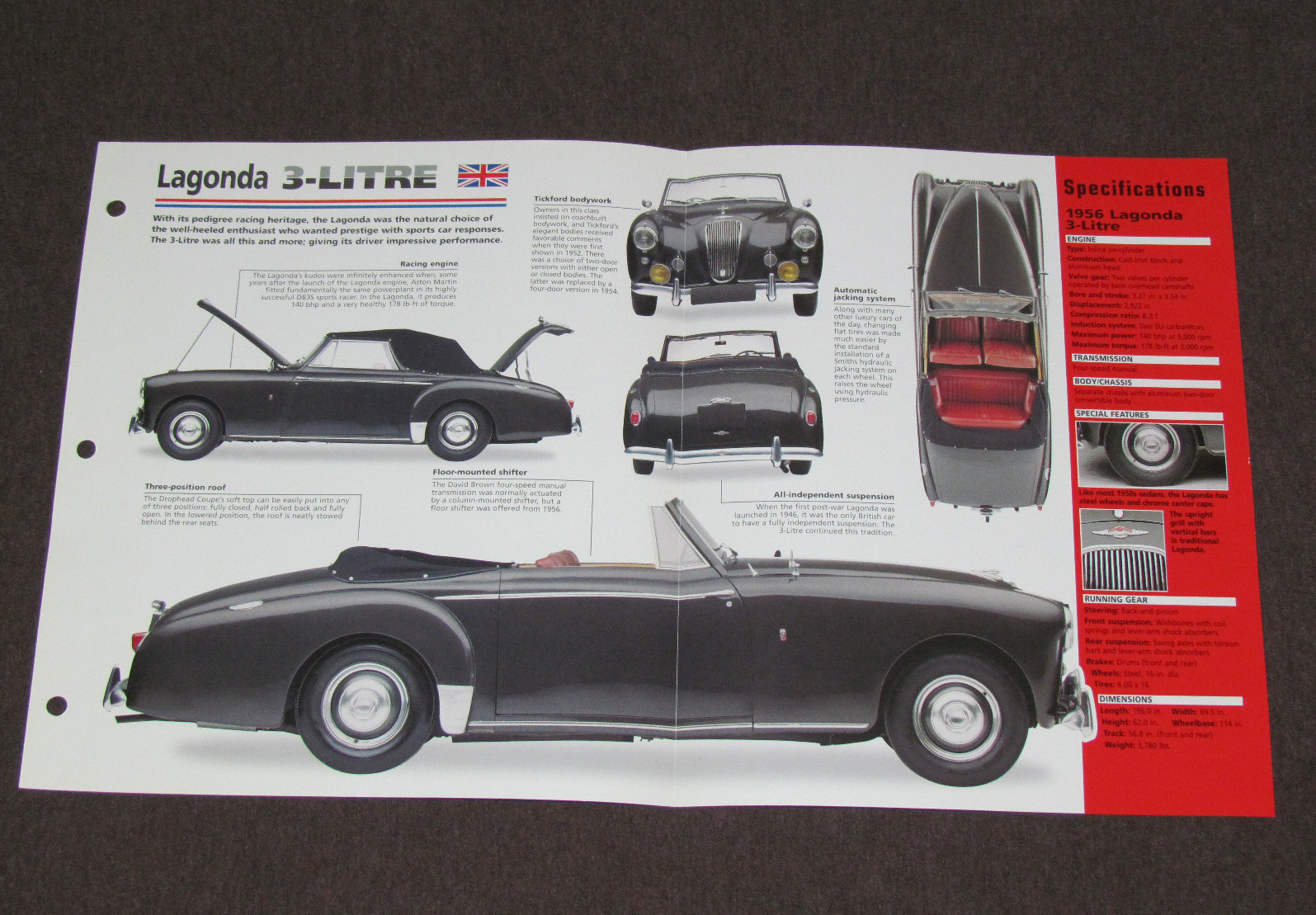 1953-1958 LAGONDA 3-LITRE (1956) CAR SPEC SHEET BROCHURE PHOTO BOOKLET