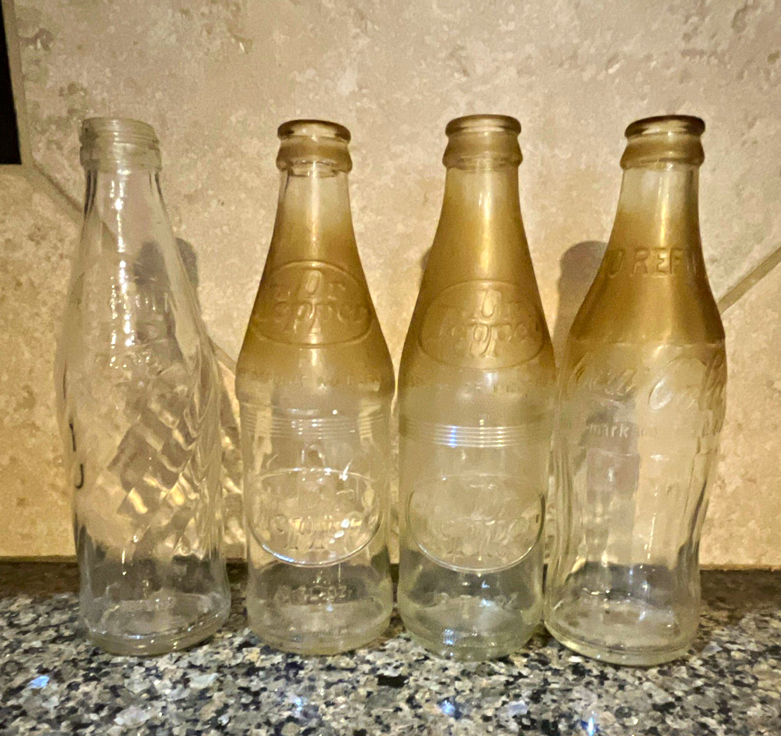 Clear Embossed Glass Bottle Assorted Lot of 4: Coke, Pepsi & Dr Pepper