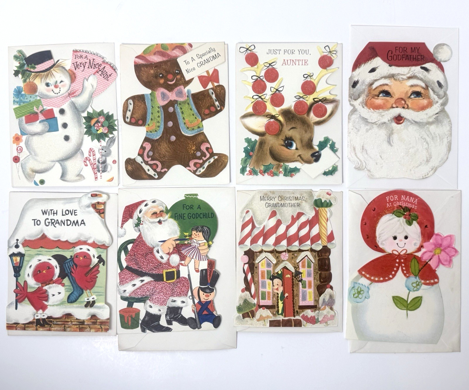 1950s Vtg Christmas Greeting Card UNUSED Hallmark Glitter Flocked Die Cut Set 8