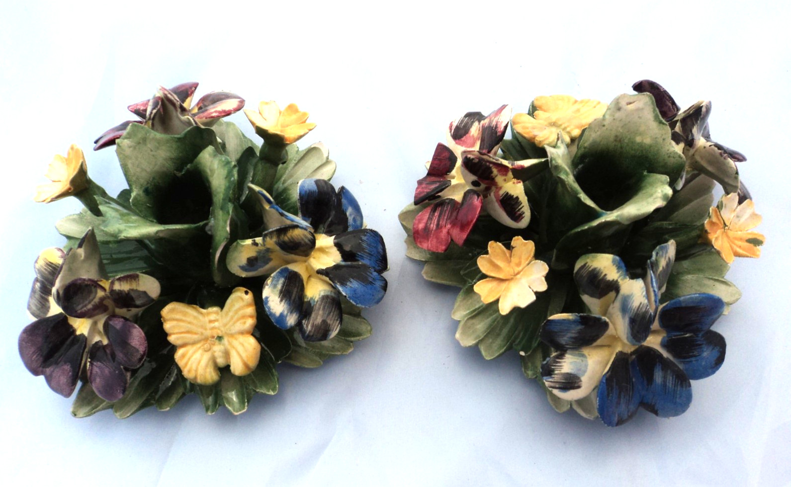 VTG MCM Pair Capodimonte Porcelain Flower Candle Holders Butterflies & Pansies VTG MCM Pair Capodimonte Porcelain Flower Candle Holders Butterflies & Pansies