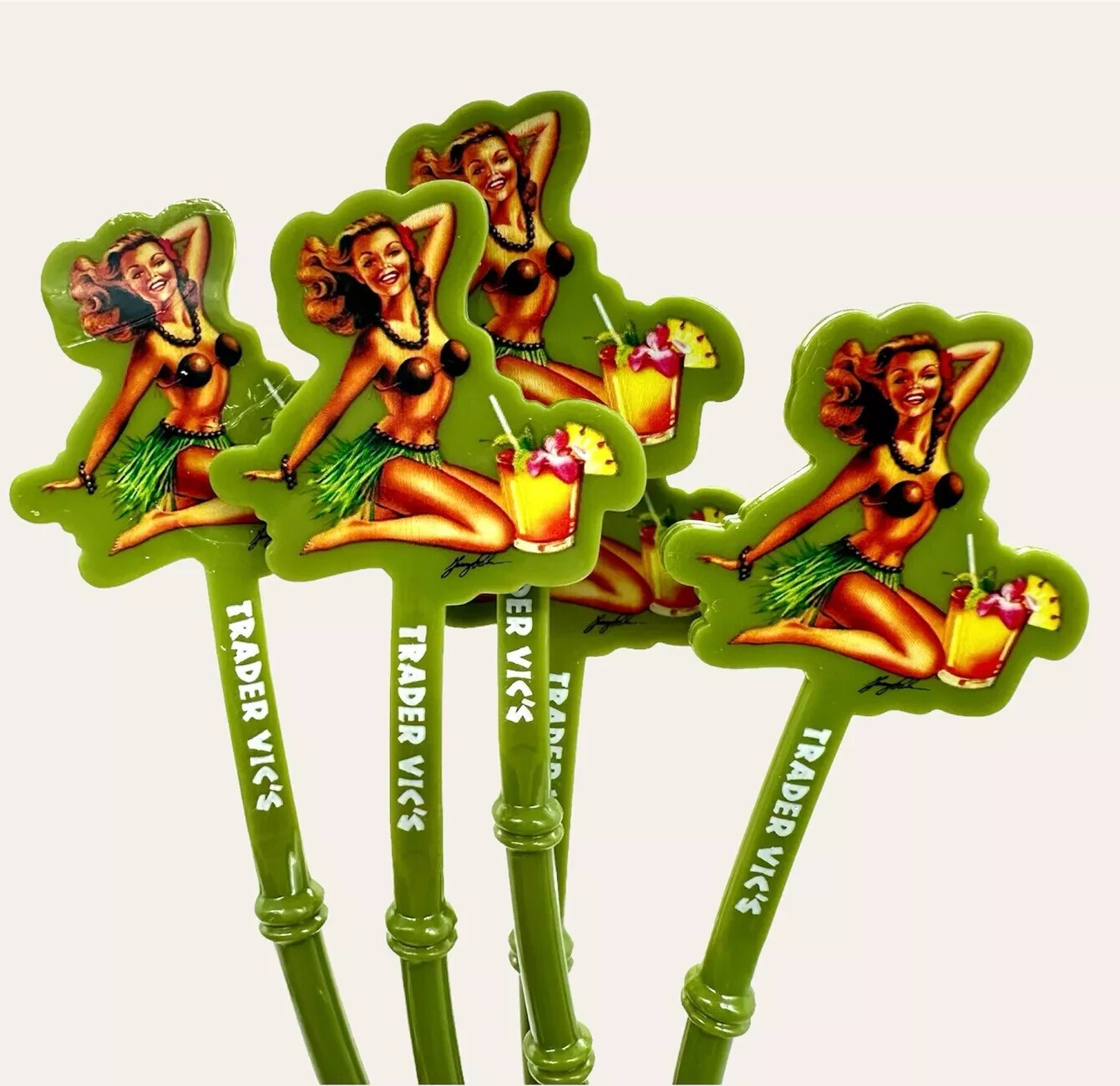 Trader Vic’s Hula Girl Bamboo Design Stir Sticks Lot Of 5 Plastic Tiki Hawaiian