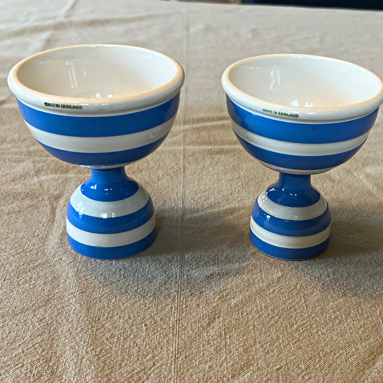 Set of 2 Blue & White Striped Ceramic Egg Cups, Glossy, Made in England Set of 2 Blue & White Striped Ceramic Egg Cups, Glossy, Made in England