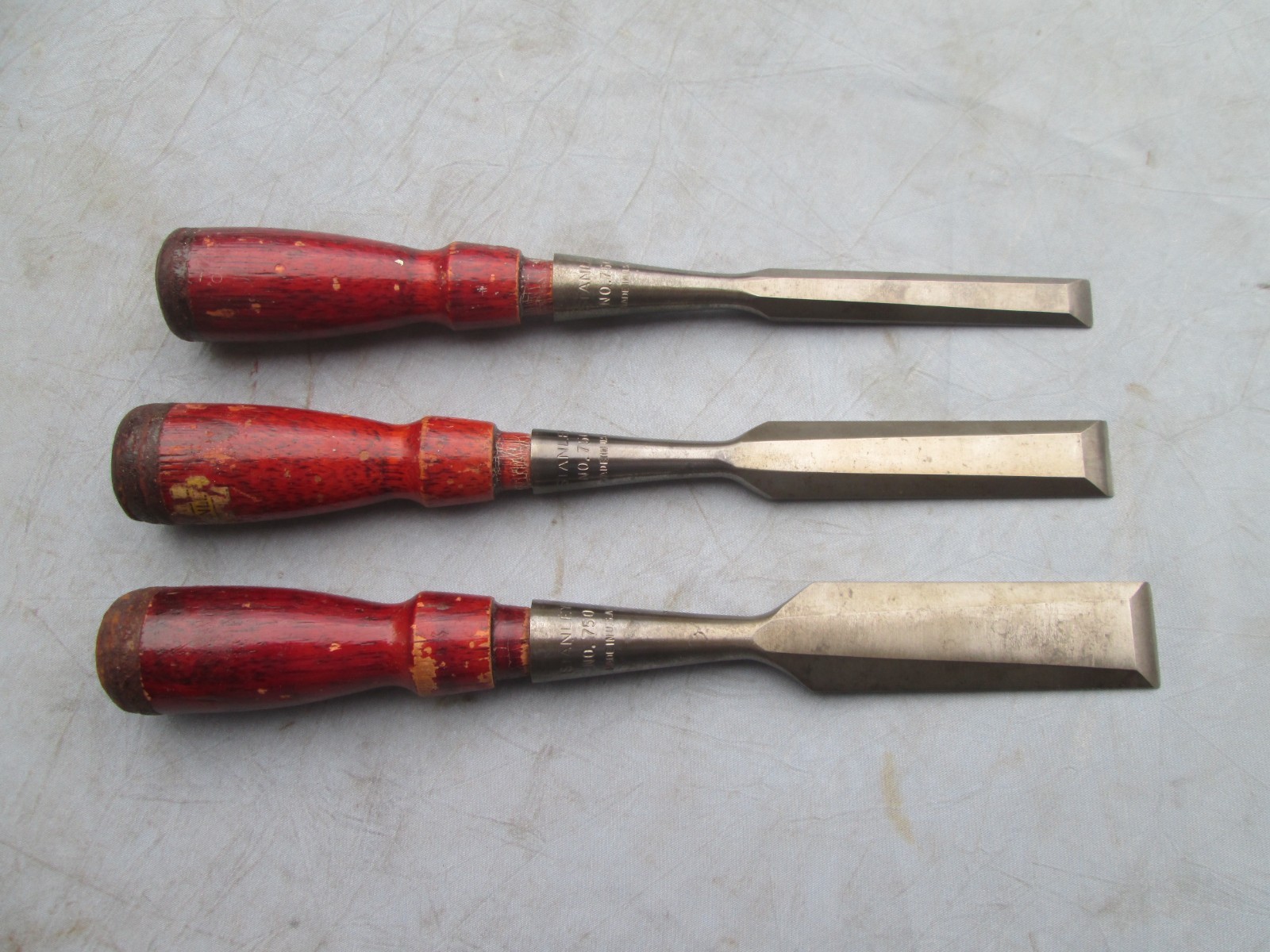 Vintage Stanley No 750 Socket Chisel Set 3 Pc Rare, Red Hickory Vintage Stanley No 750 Socket Chisel Set 3 Pc Rare, Red Hickory