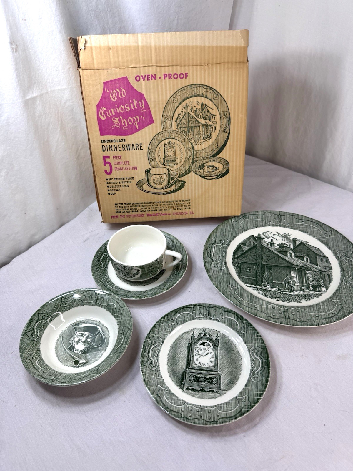Vtg New THE OLD CURIOSITY SHOP Dinnerware 5pc Place Setting ORIG BOX  10