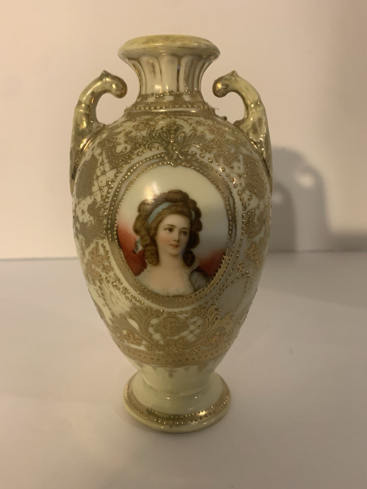 ANTIQUE 1909 Nippon Hand-Painted Vase, Countess Anna Potocka Portrait Gold/Roses