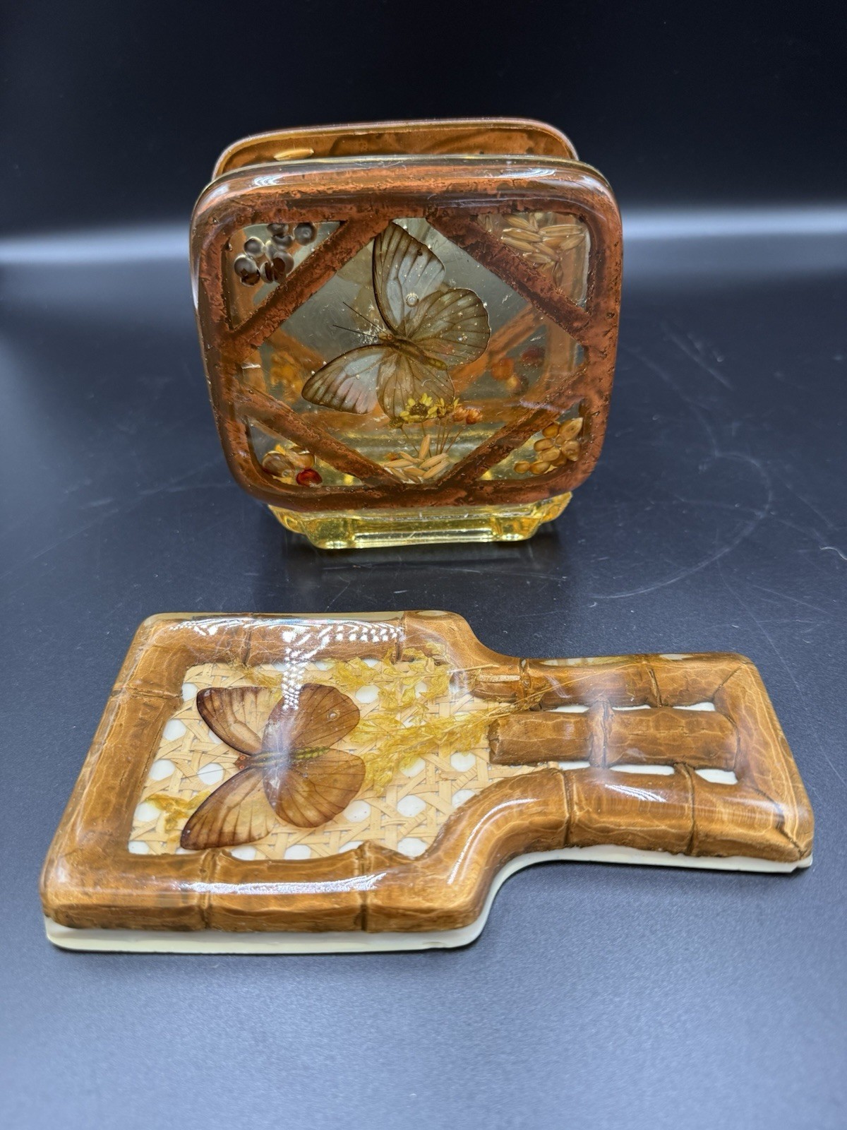 Vintage 1970s Lucite Resin Butterfly & Botanical 2-Piece Kitchen Set Vintage 1970s Lucite Resin Butterfly & Botanical 2-Piece Kitchen Set