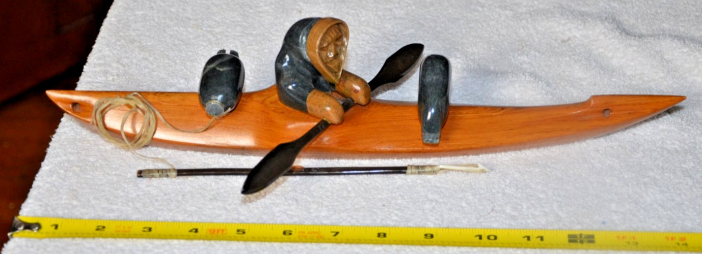 Vintage Alaska Inuit Wood Kayak w/ Stone Hunter, by Charlie Komakhuk c1999 Vintage Alaska Inuit Wood Kayak w/ Stone Hunter, by Charlie Komakhuk c1999