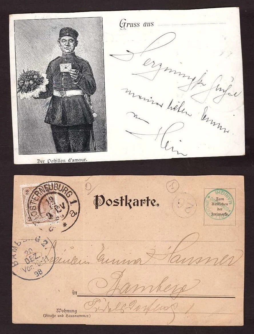 1898 German Postcard - Gruss Aus.. - A Soldier with Flowers and Letter