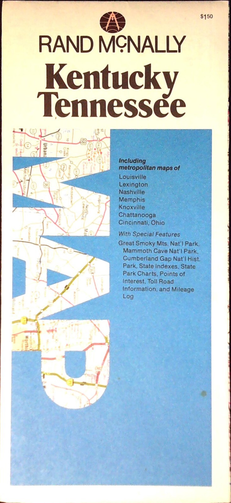 Rand McNally Road Map Kentucky Tennessee Fold Out Travel Guide Vintage USA