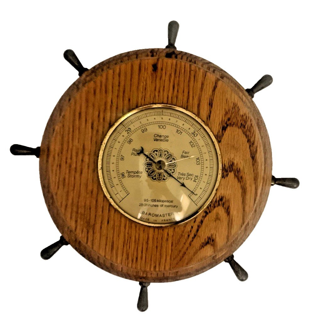 Vintage French Baromaster Aneroid Barometer Ships Wheel Oak Wood Captains Helm