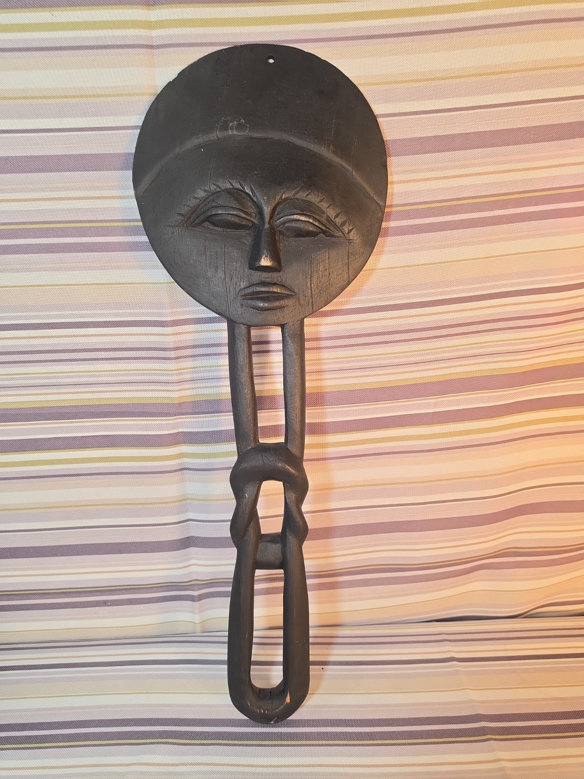 Vintage African Folk Art Ghana Face Wood Carved Hanging Wall 19.5”