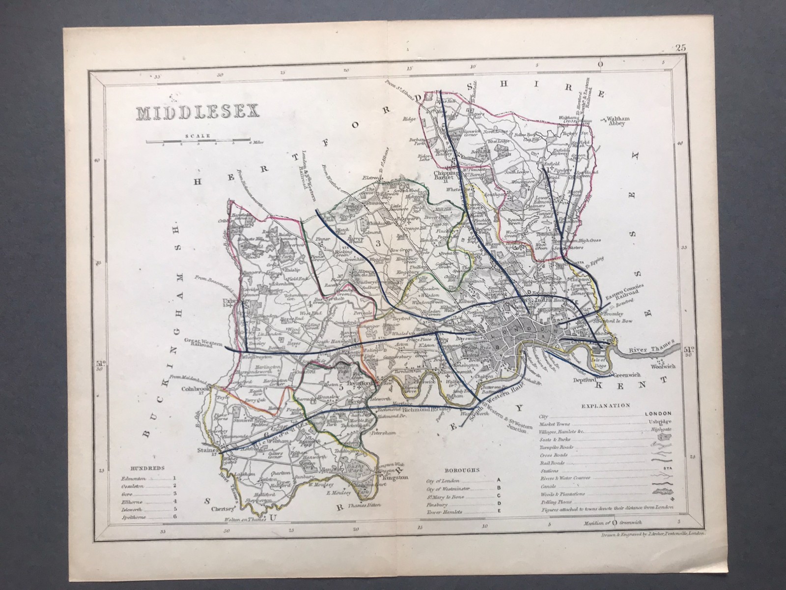 1850s Middlesex Antique Book Map by Joshua Archer Railways Roads