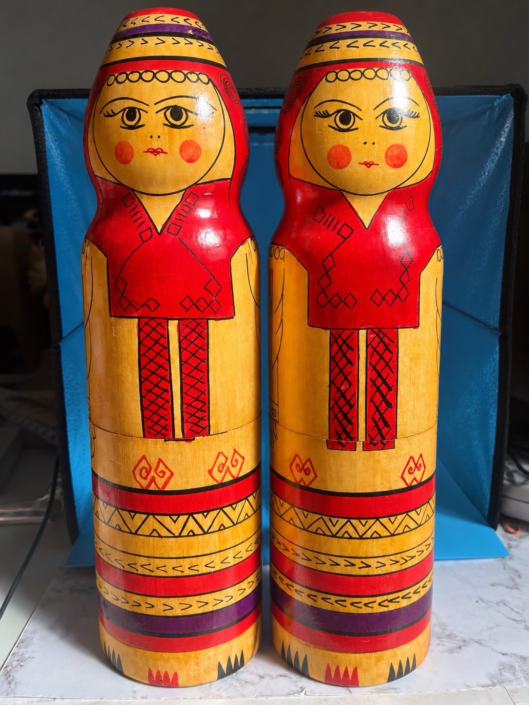 Vintage USSR Russian Matryoshka Wooden Bottle Holders Soviet Folk Art Set of 2