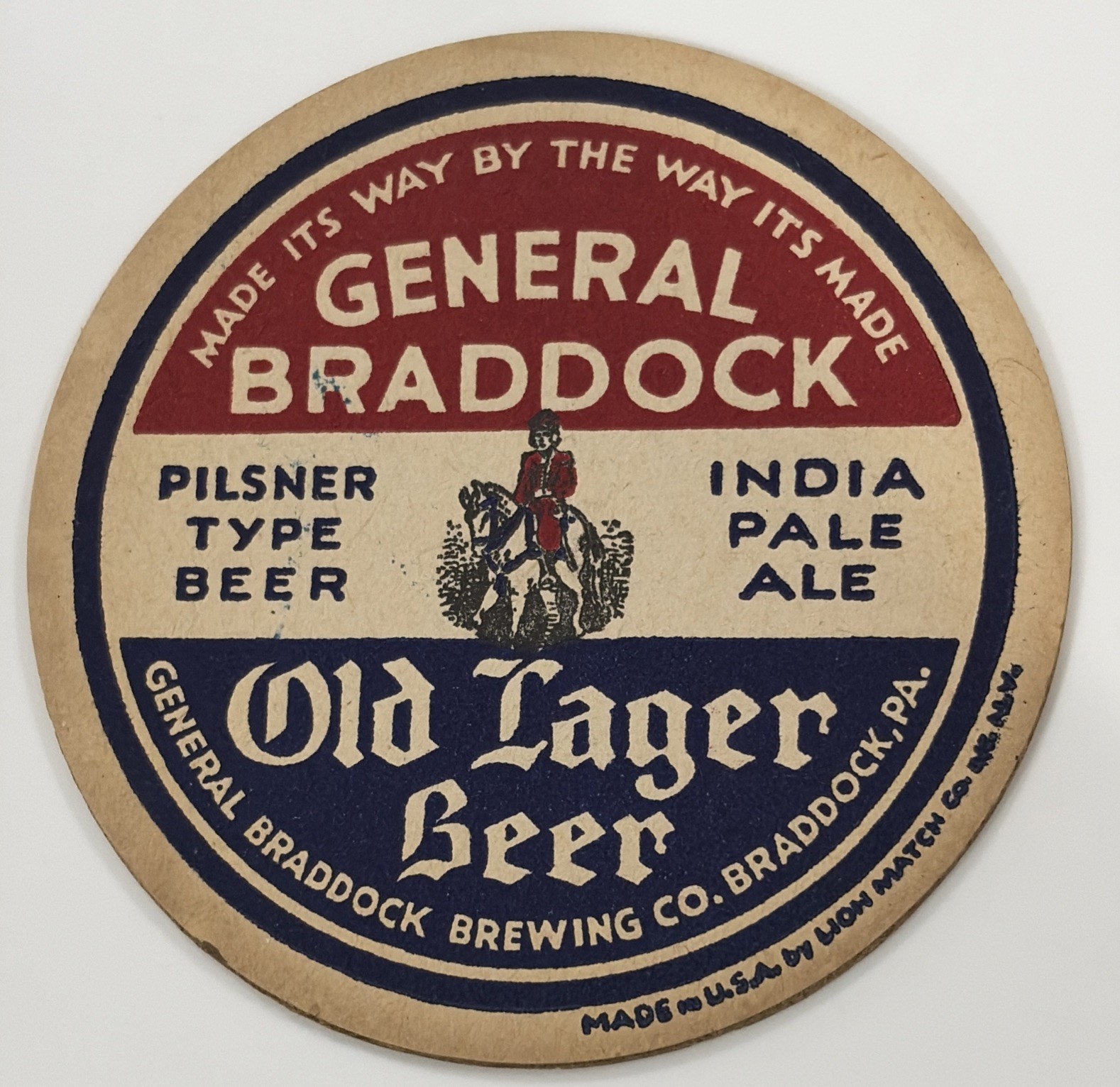 Patriotic General Braddock Beer Coaster 4 Inch Braddock Pennsylvania 1930’s Patriotic General Braddock Beer Coaster 4 Inch Braddock Pennsylvania 1930’s