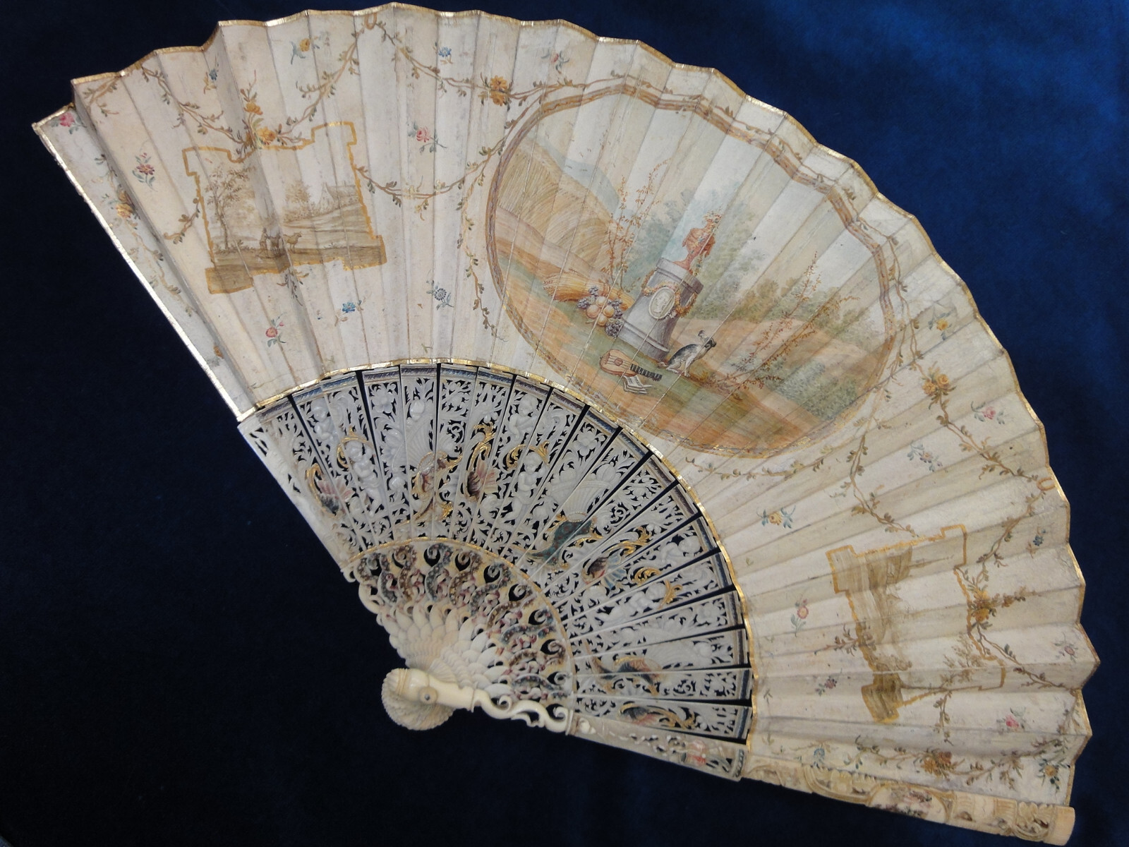 French antique fan c1760 handpainted carved gilt angels fruits eventail abanico