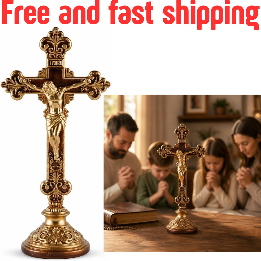 Jesus Christ Crucifix Statue with Base, 12 Inch Gold Resin Tabletop Cross, Elega Jesus Christ Crucifix Statue with Base, 12 Inch Gold Resin Tabletop Cross, Elega