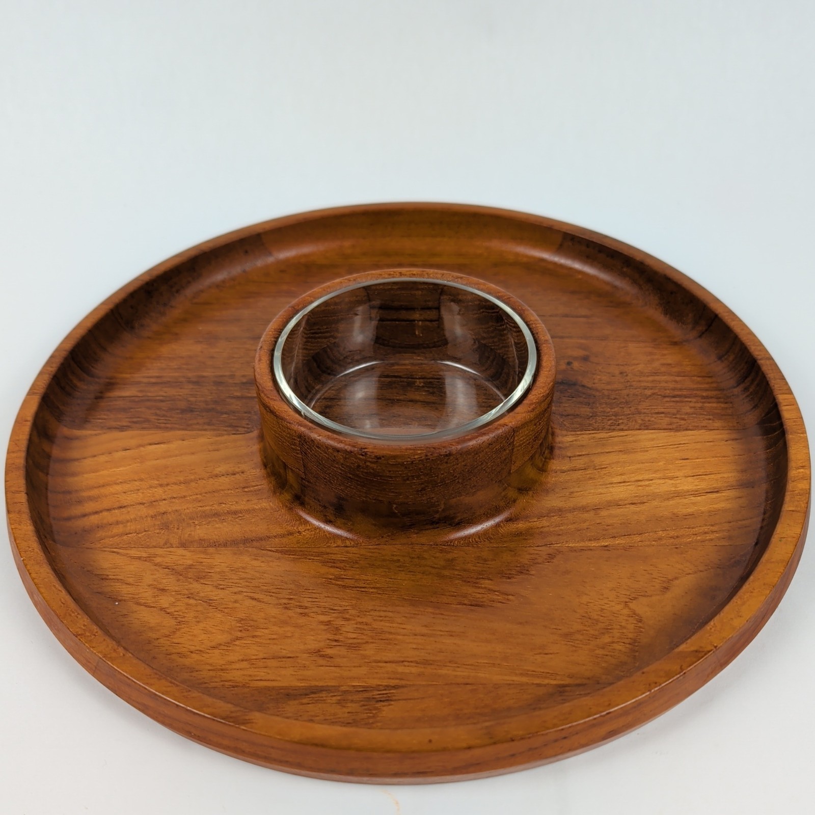 Vtg Dansk IHQ Round Teak Wood Chip & Dip Green Bowl Tray Jens Quistgaard 12 1/2