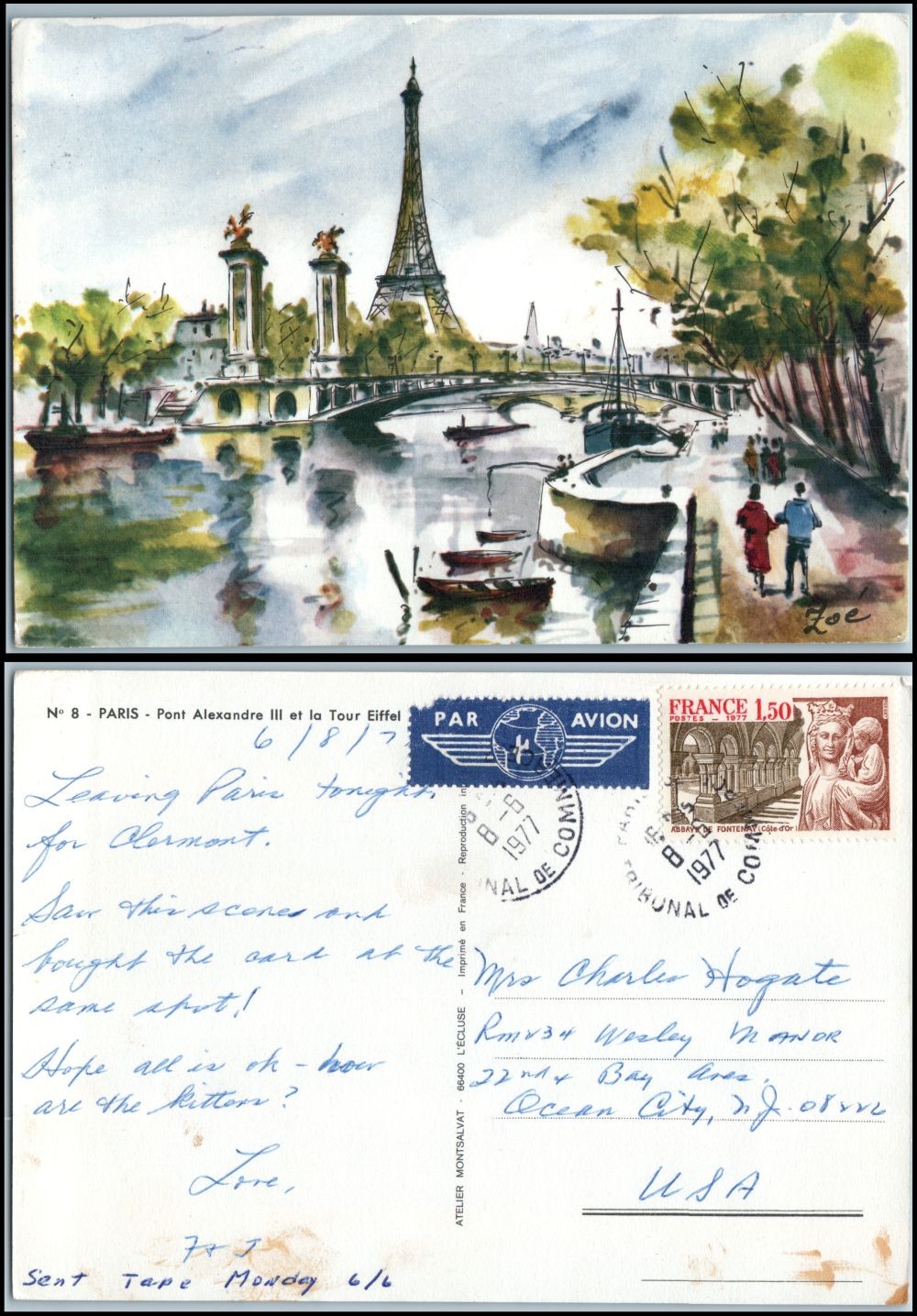 1977 Paris France Pont Alexandre III Eiffel Tower postcard watercolor art Zoe