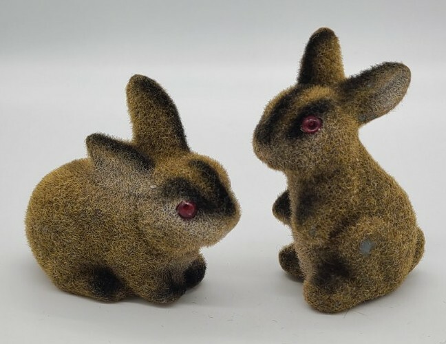 2 Vintage Fuzzy Flocked Pink Eyed Brown Bunny Rabbit Figurines