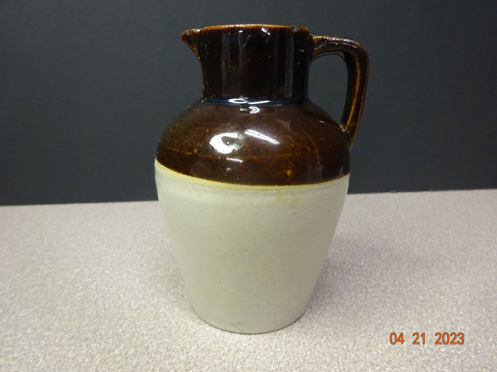 Vintage Ceramic Corked Crock Jug, Brown & Cream Color 4 1/4” Tall, Rustic Decor