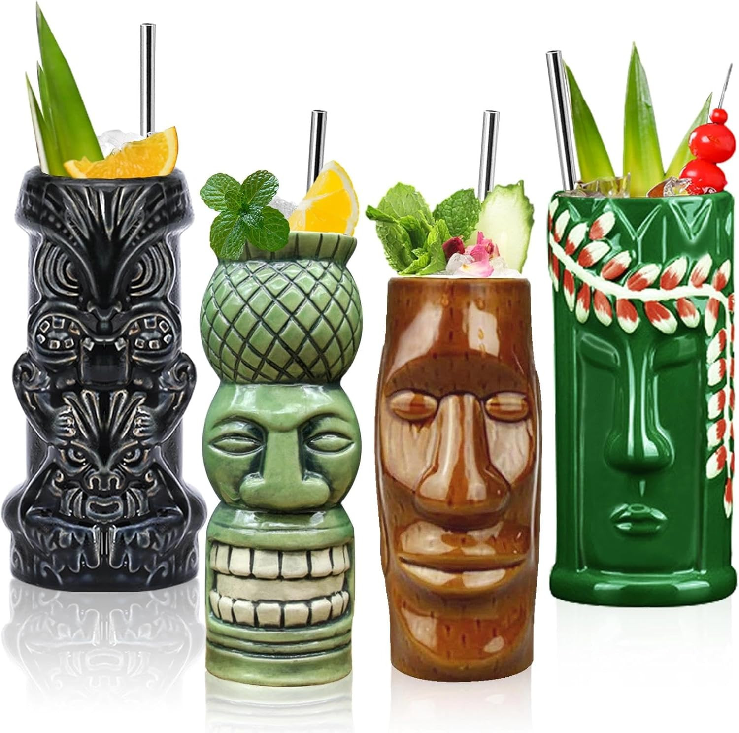 Tiki Mugs Cocktail Set of 4 - Large Ceramic Hawaiian Party Mugs Drinkware, Cute