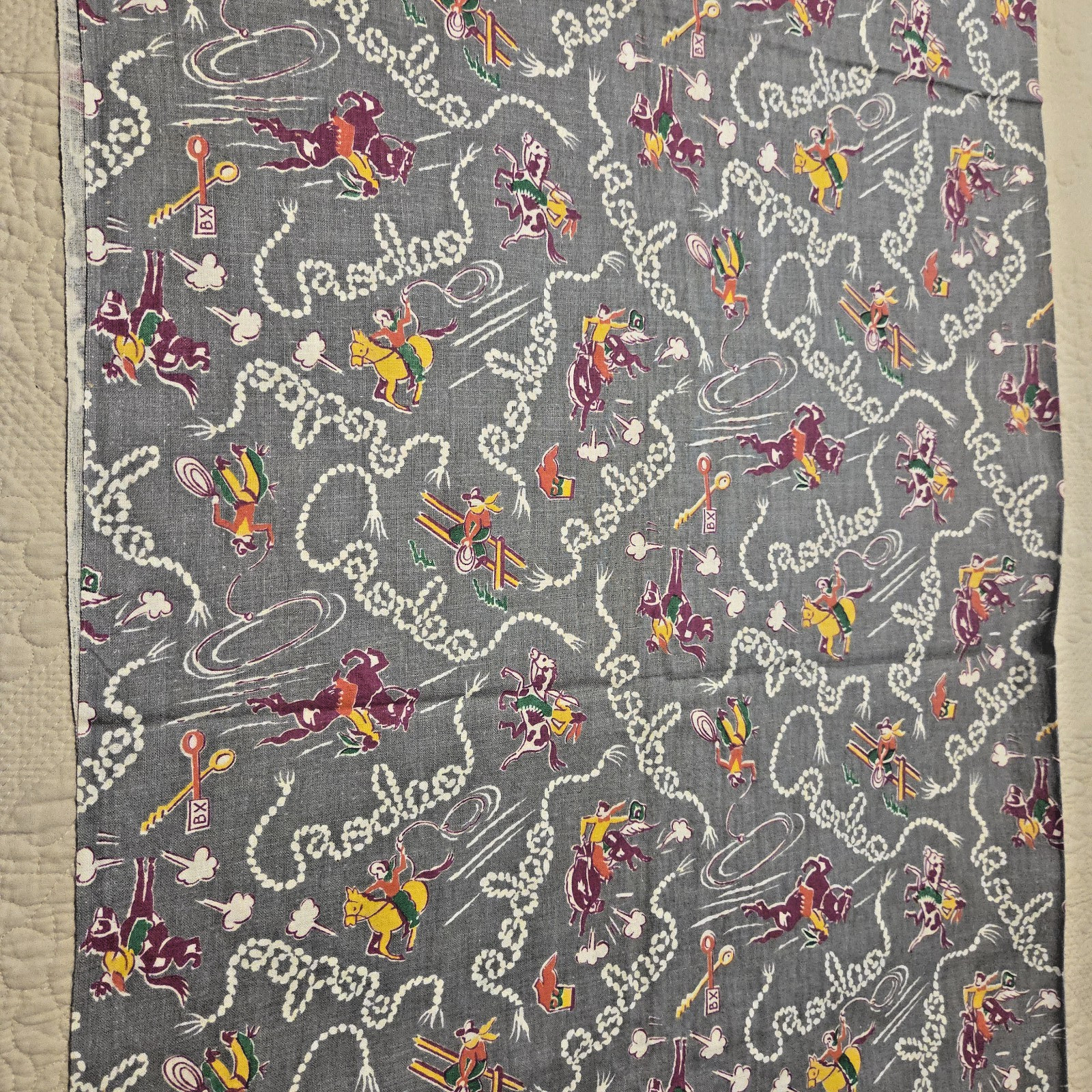 Vintage Feedsack Fabric Cowboy Horse Rodeo Theme on Gray 42 Vintage Feedsack Fabric Cowboy Horse Rodeo Theme on Gray 42