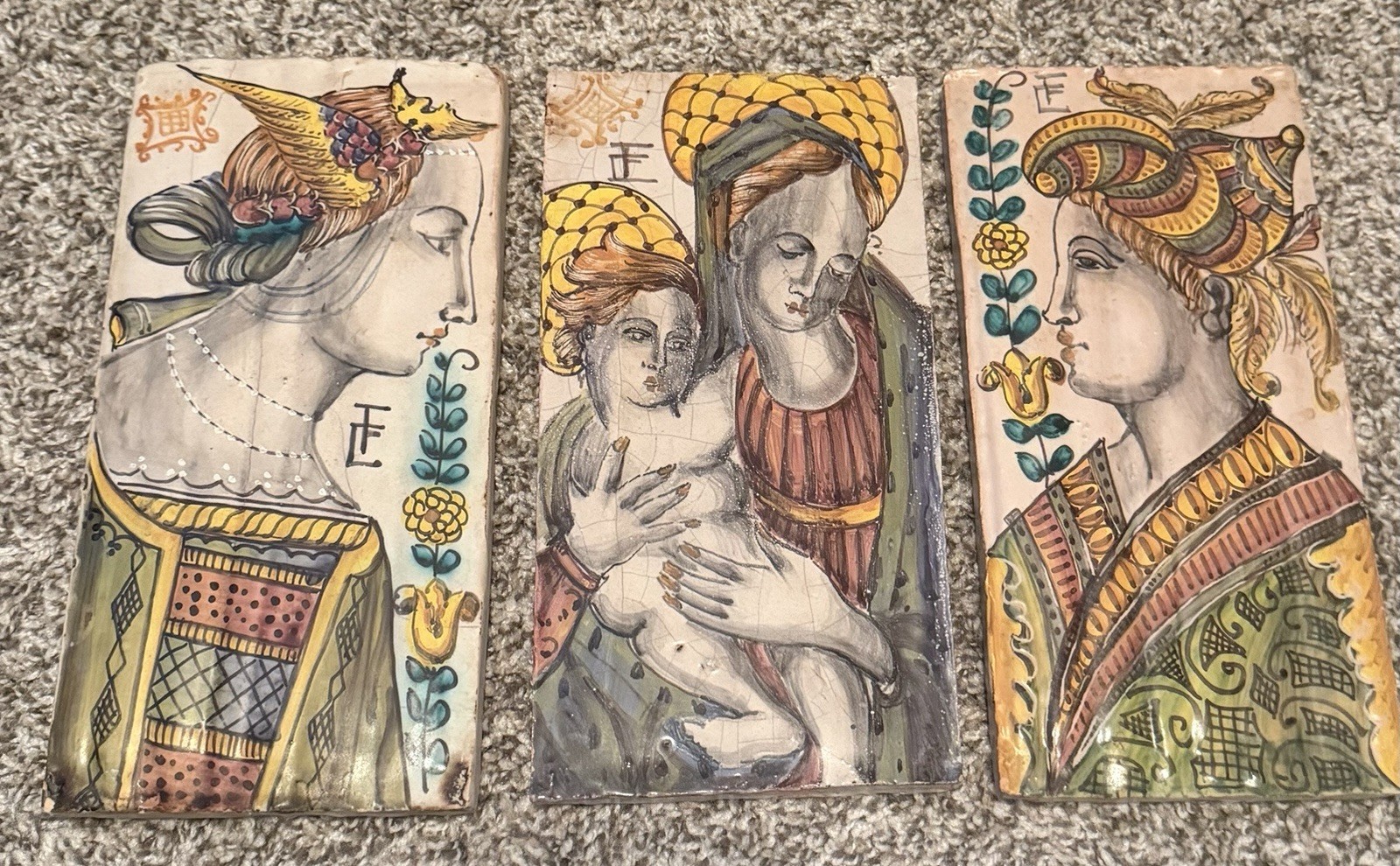 3 Vintage Italian Vietri Gente Portrait Tile Hand Painted Renaissance Attire 3 Vintage Italian Vietri Gente Portrait Tile Hand Painted Renaissance Attire