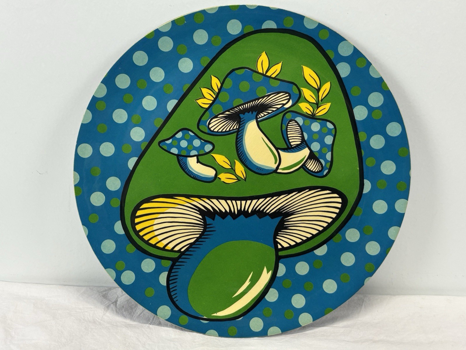 Vtg 60s Psychedelic Mushroom Tray Platter Blue Polka Dot 14” Plastic Retro Groov Vtg 60s Psychedelic Mushroom Tray Platter Blue Polka Dot 14” Plastic Retro Groov