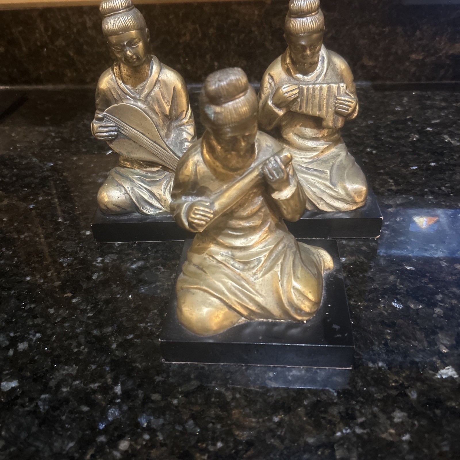 Set Of Three Vintage Asian Bronze Figures On Stand Set Of Three Vintage Asian Bronze Figures On Stand