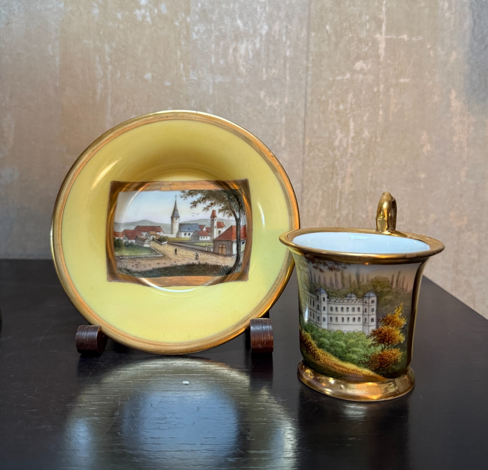Antique Royal Vienna Porcelain Cabinet Cup Saucer Hand Painted Empire Yellow Antique Royal Vienna Porcelain Cabinet Cup Saucer Hand Painted Empire Yellow