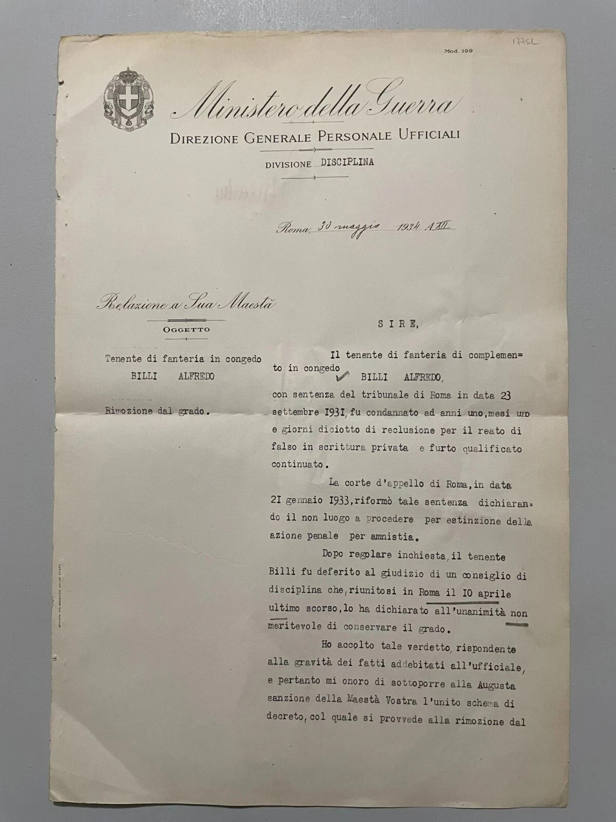 1934 Benito Mussolini Signed Autographed Italian Ministry of War Document 