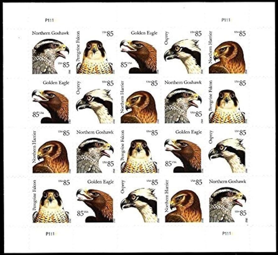 USPS BIRDS OF PREY SHEET OF 20 FIRST CLASS LETTER STAMPS 85c