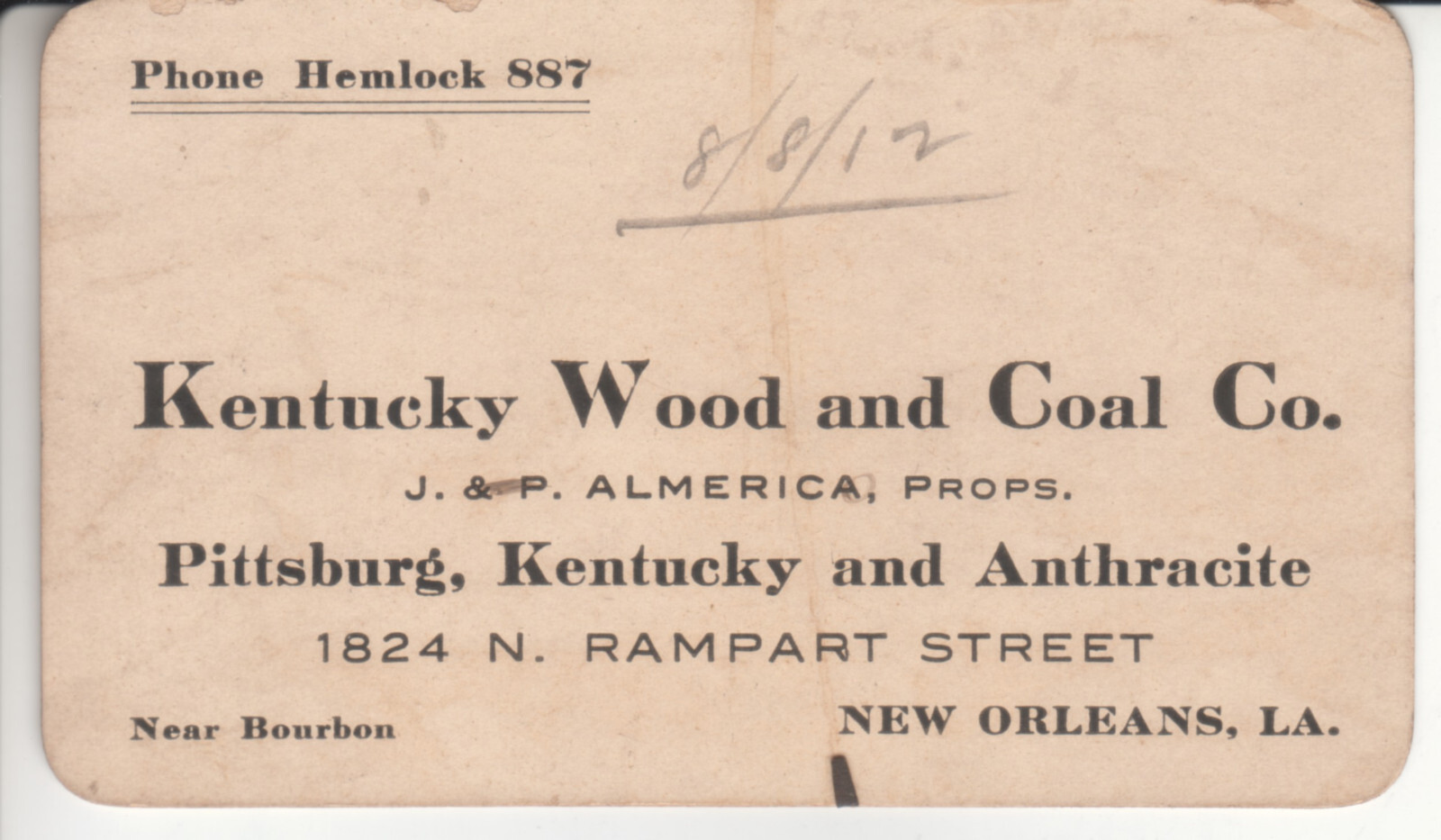 Rare Kentucky Wood & Coal Business Card - New Orleans LA Louisiana 1912