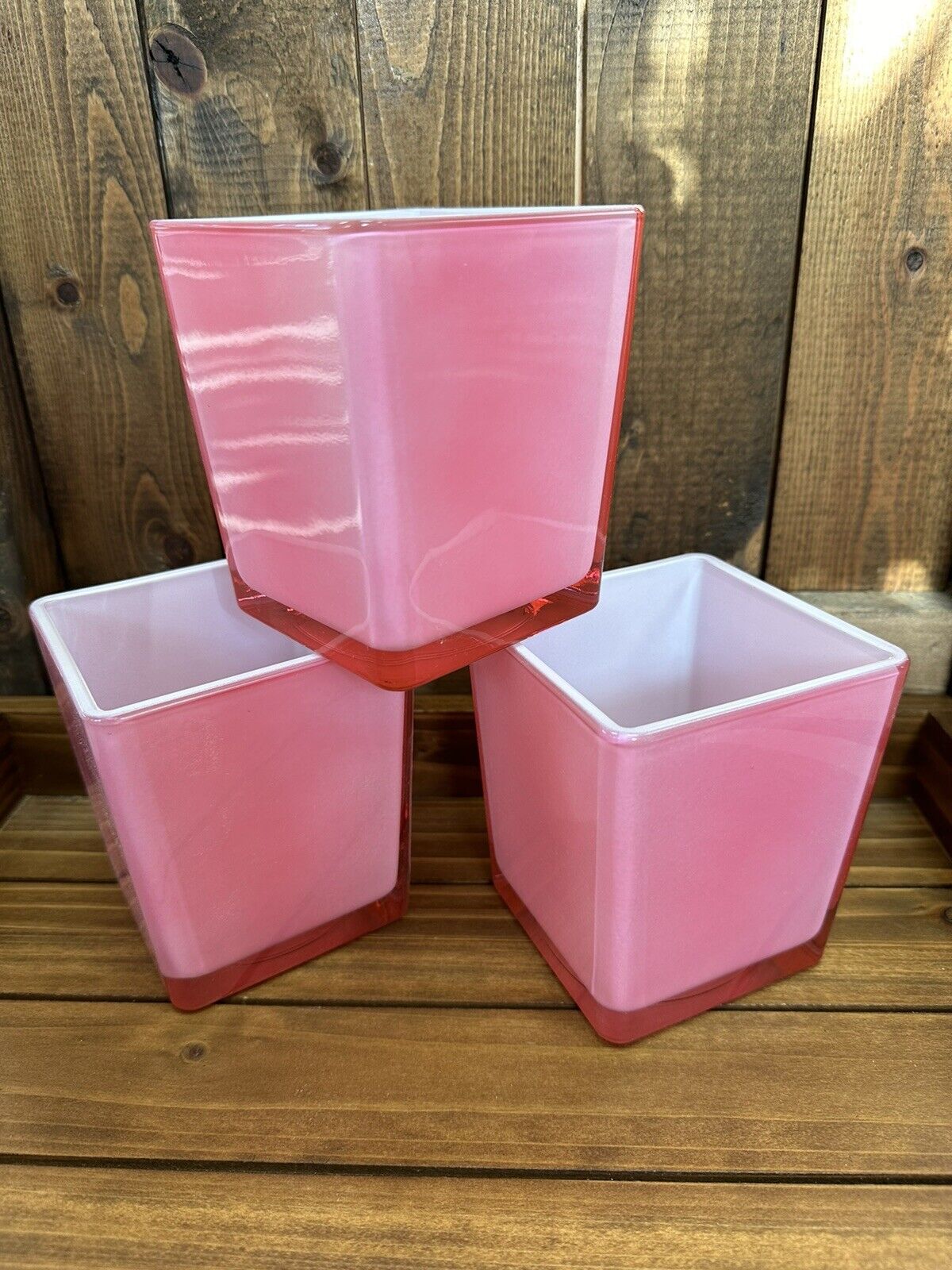 Teleflora Pink & White Cased Glass Square Cube Vase Easter  Spring  Mothers Day
