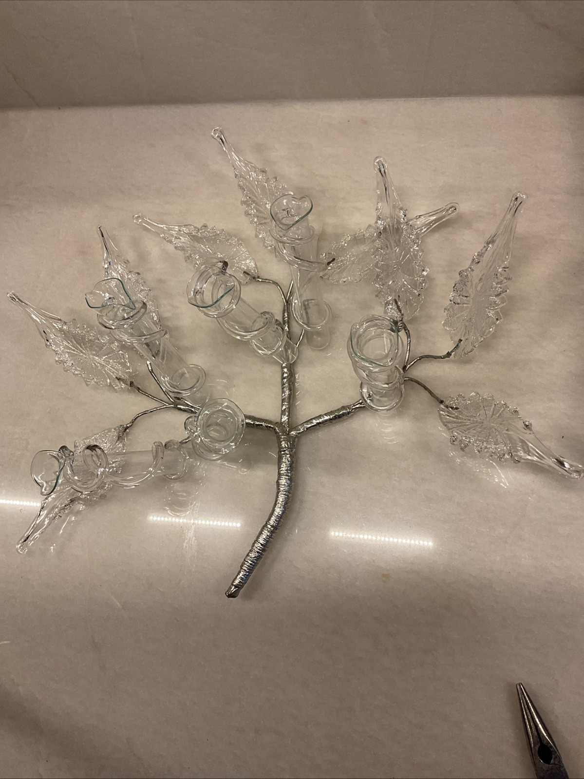 Vintage Murano? Czech? Epergne Glass Bouquet Leaves Spirals 6 Test Tube Vases